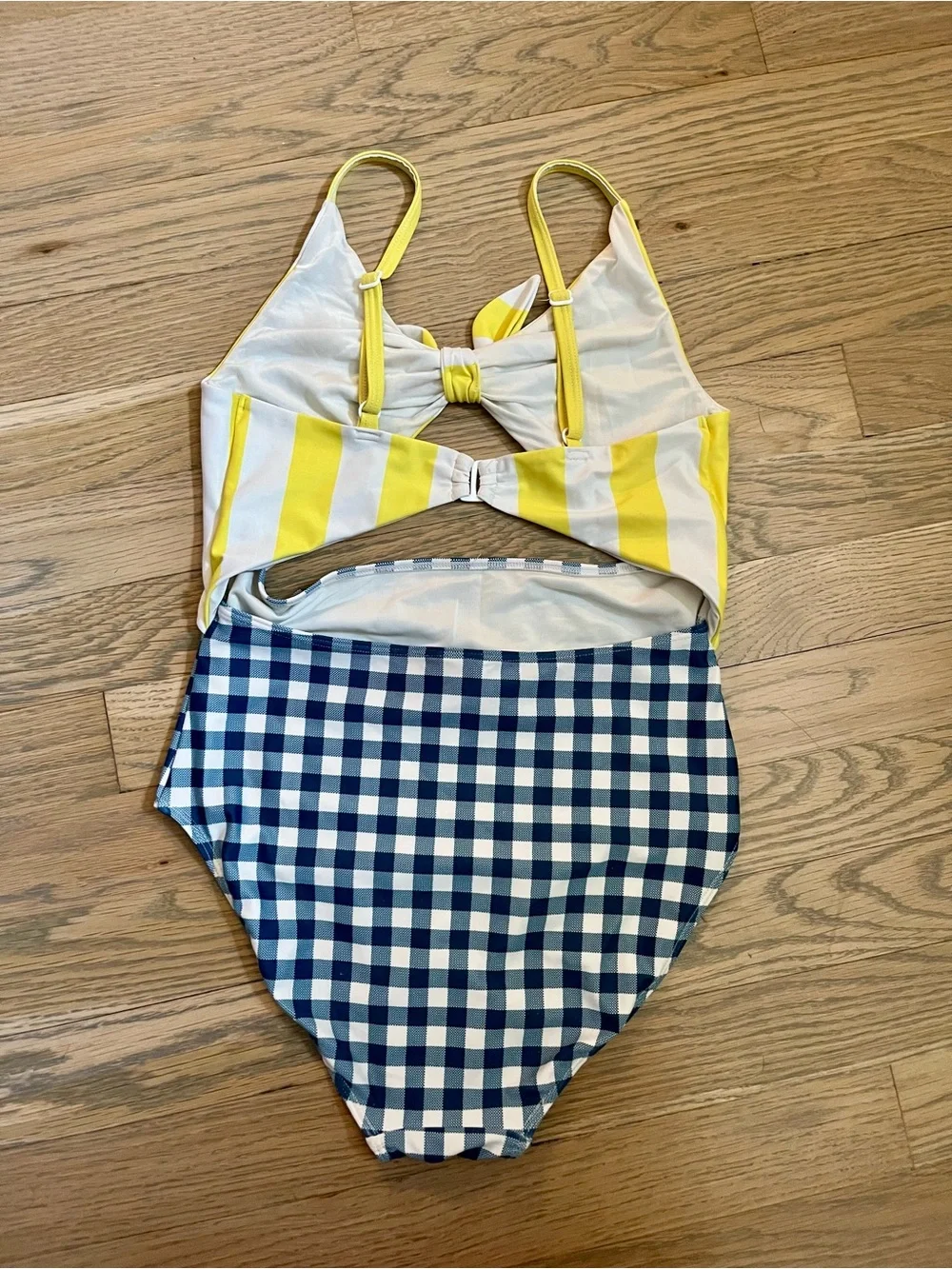 NORDSTROM Cutout Colorblock One-Piece Swimsuit. NAVY GINGHAM-YELLOW STRIPE. (12)